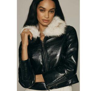 New Unreal Fur Womens Black Vegan Leather Wet Look Aviator Luxury Jacket Z99